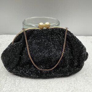 EUC Vintage 1950's Beaded Evening Bag, Black, Faux Pearl Kiss Clasp, 8" L